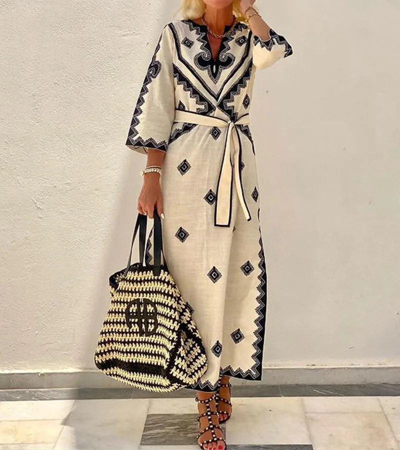 Women’s Kaftan Dress – Embroidered Detailing – Tie Waist – 3/4 Sleeves – Boho Resort Look