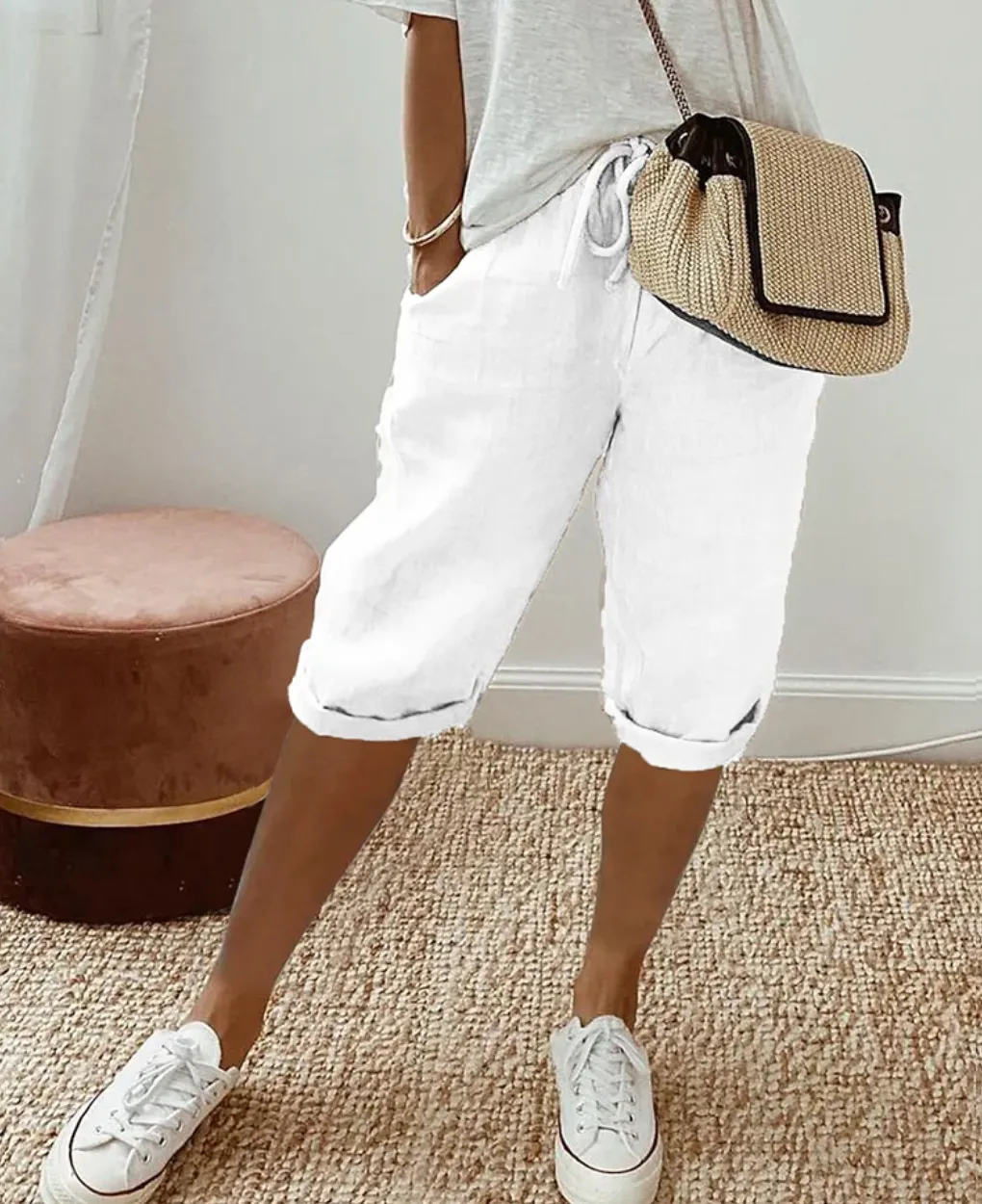 Women’s Linen Bermuda Shorts – Drawstring Waist – Rolled Hem – Relaxed Fit – Casual Summer Staple