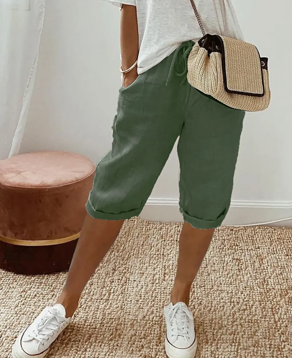Women’s Linen Bermuda Shorts – Drawstring Waist – Rolled Hem – Relaxed Fit – Casual Summer Staple