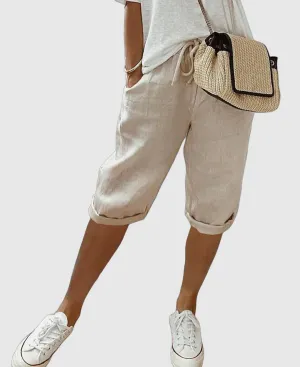 Women’s Linen Bermuda Shorts – Drawstring Waist – Rolled Hem – Relaxed Fit – Casual Summer Staple