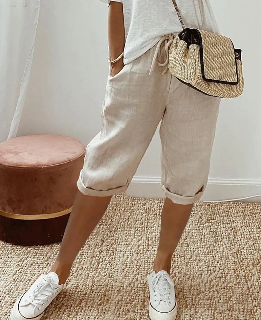 Women’s Linen Bermuda Shorts – Drawstring Waist – Rolled Hem – Relaxed Fit – Casual Summer Staple