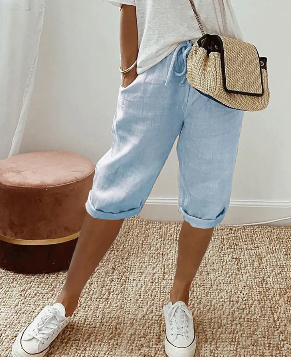Women’s Linen Bermuda Shorts – Drawstring Waist – Rolled Hem – Relaxed Fit – Casual Summer Staple