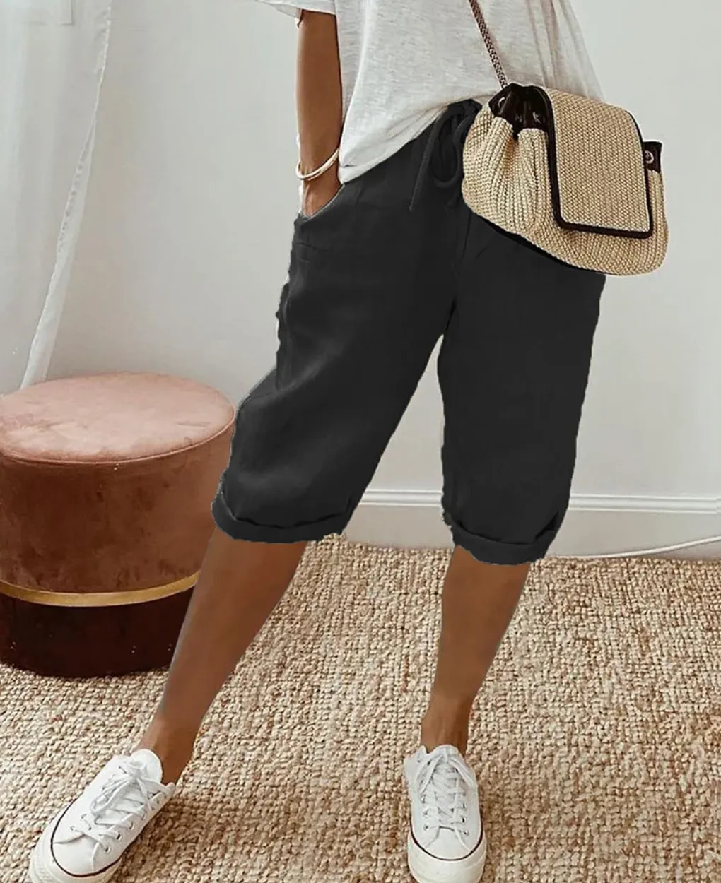 Women’s Linen Bermuda Shorts – Drawstring Waist – Rolled Hem – Relaxed Fit – Casual Summer Staple