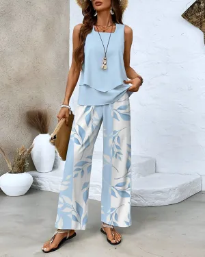 Women’s Two-Piece Set – Sleeveless Layered Top – Wide-Leg Trousers – Leaf Print – Resort Ready
