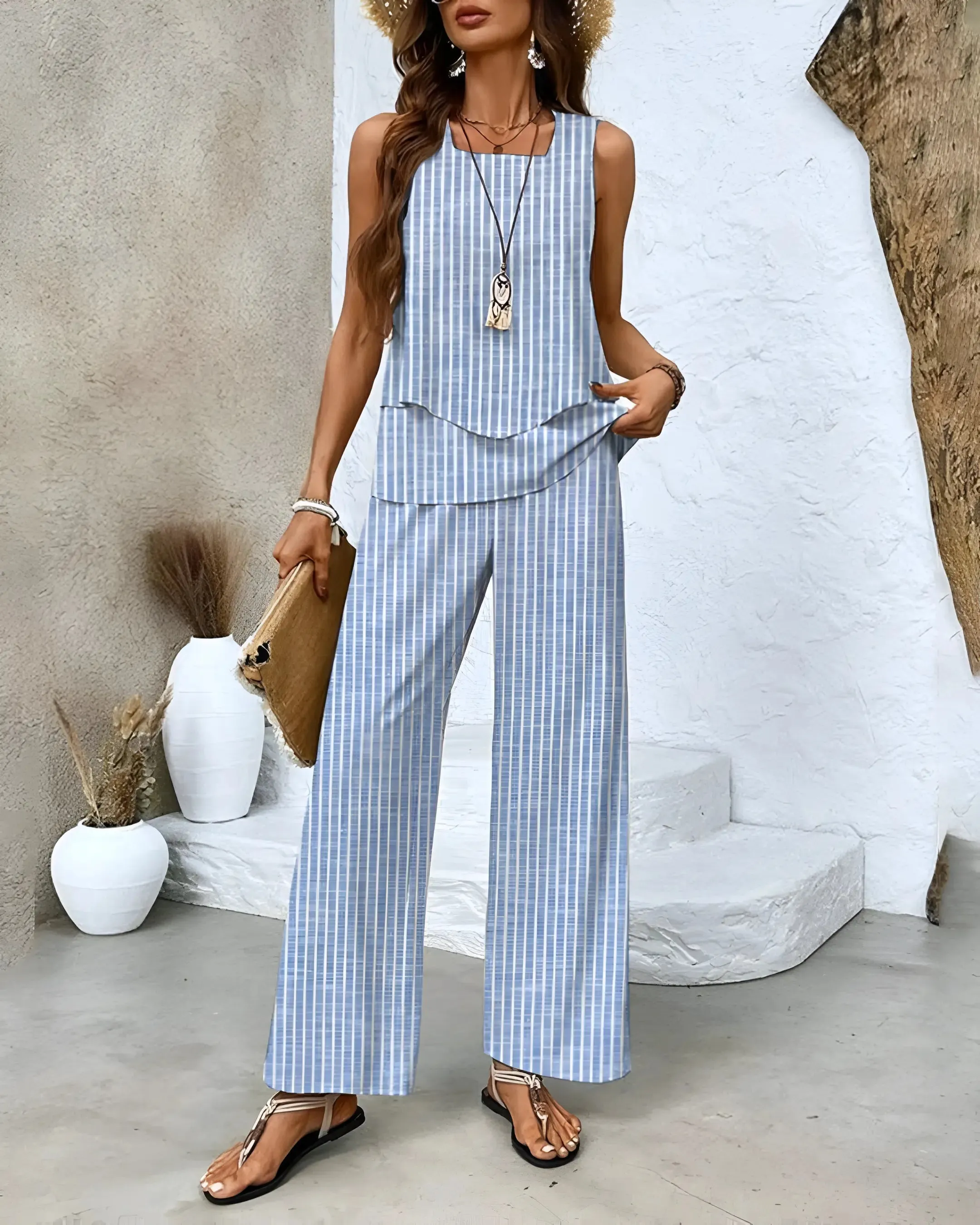 Women’s Two-Piece Set – Sleeveless Layered Top – Wide-Leg Trousers – Leaf Print – Resort Ready