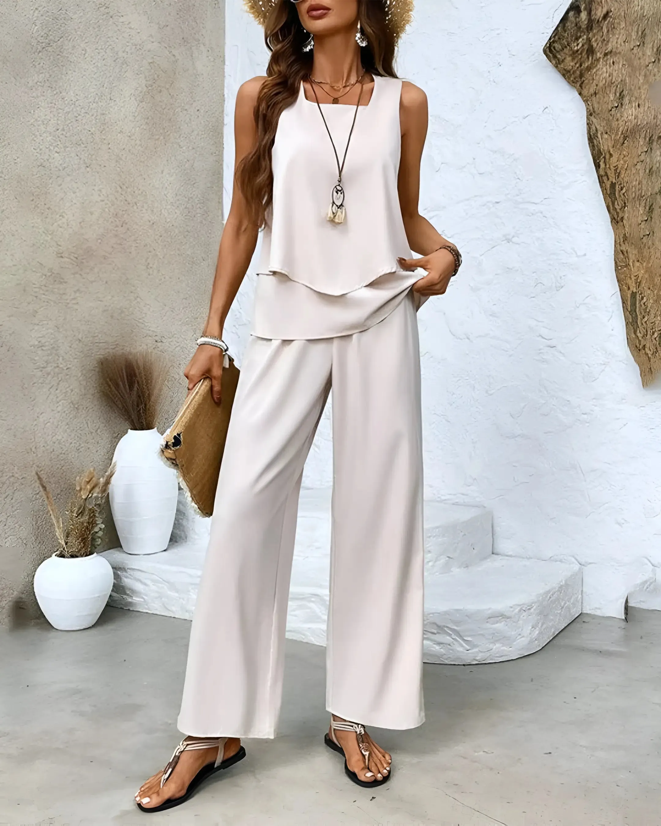 Women’s Two-Piece Set – Sleeveless Layered Top – Wide-Leg Trousers – Leaf Print – Resort Ready