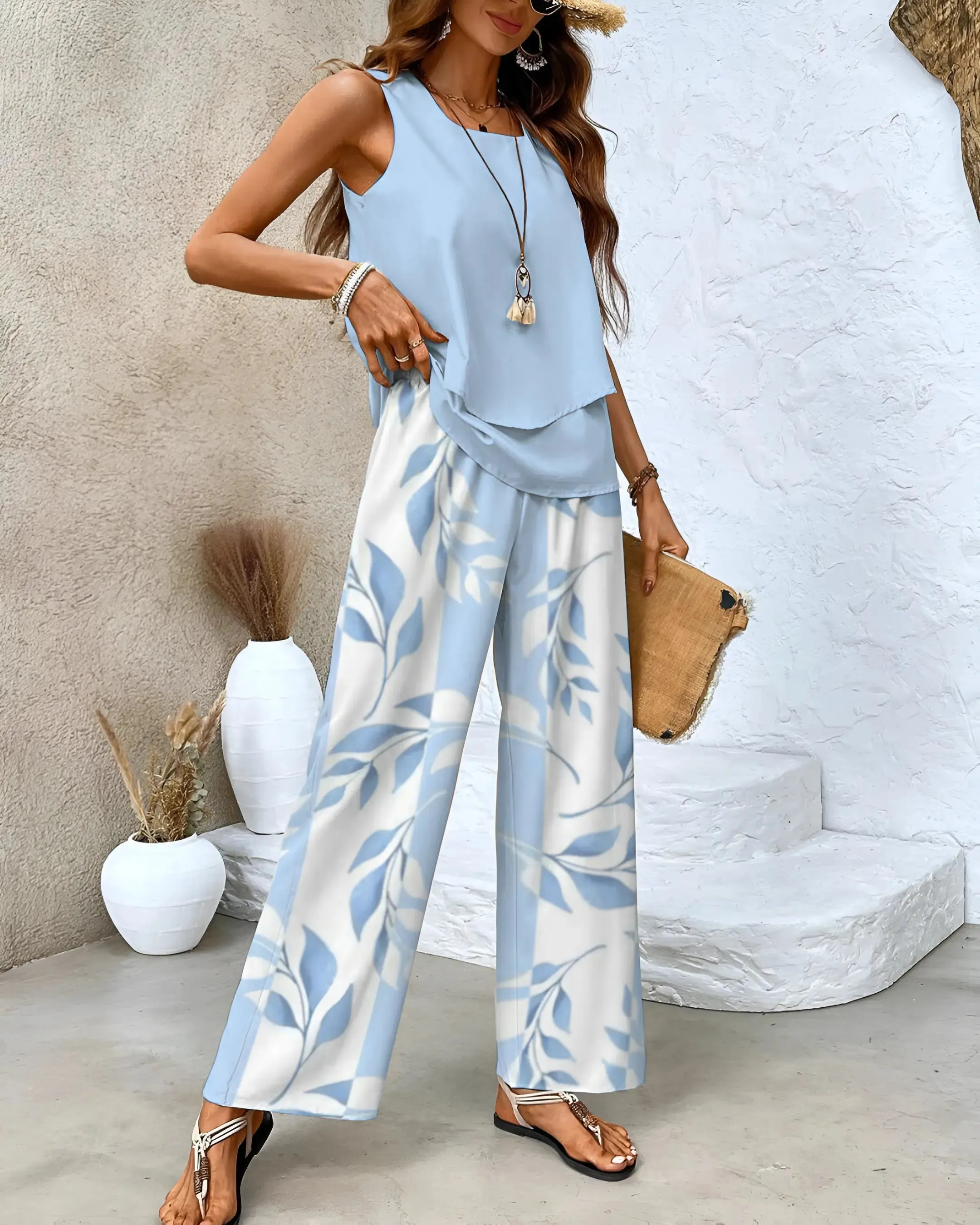 Women’s Two-Piece Set – Sleeveless Layered Top – Wide-Leg Trousers – Leaf Print – Resort Ready